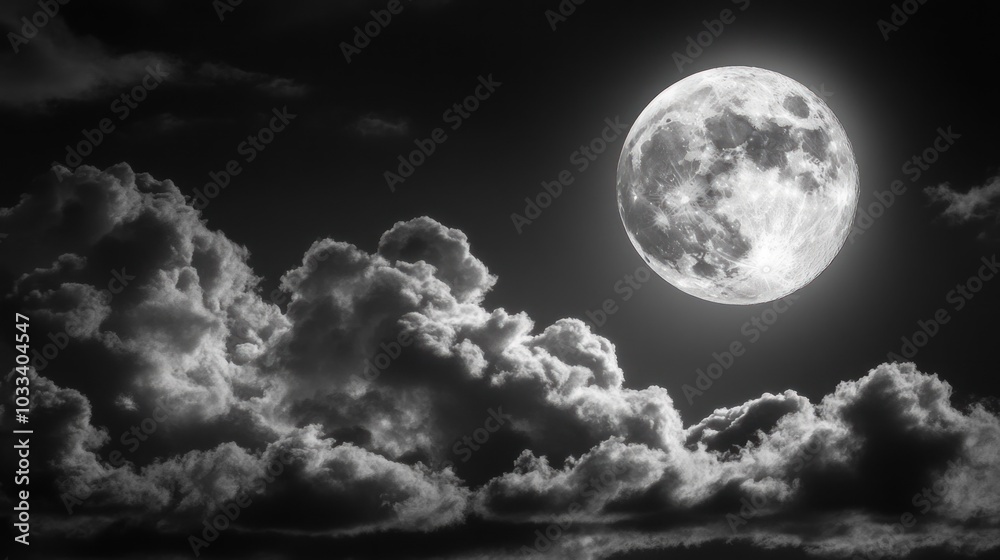 Obraz premium A full moon shines brightly in the night sky, partially obscured by fluffy clouds.