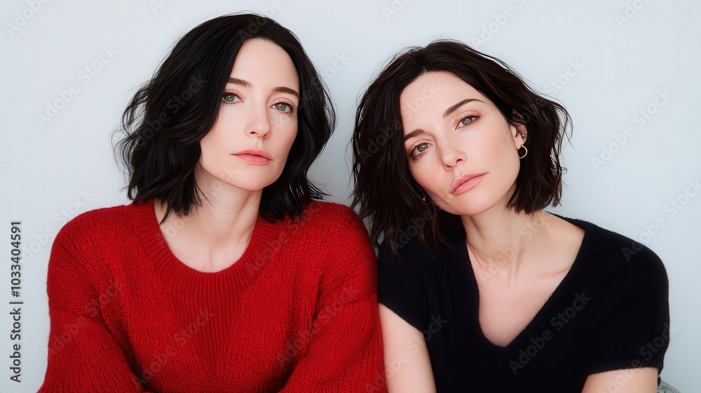 Two Women Friends Portrait Red and Black Sweaters Smiling Close Up Two Women Friends Portrait Red and Black Sweaters Smiling Close Up