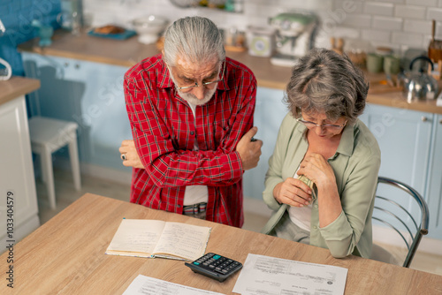 in bright kitchen an elderly couple at the table count their expenses monthly payment summing up the results of the year utilities count monthly survival count money bad mood