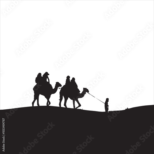 Silhouette of camels and a guide crossing the desert at sunset, conveying adventure and mystery.