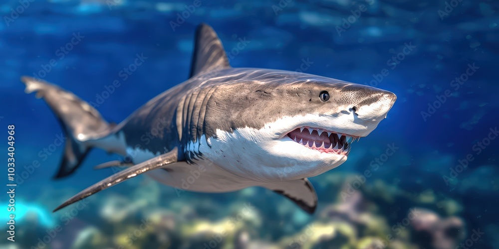 Naklejka premium Great White Shark Underwater Close up of Fierce Predator in Ocean