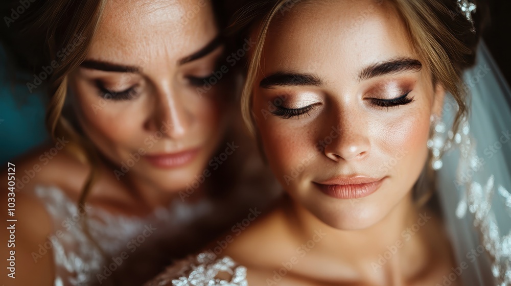 An emotional moment between a bride and a woman, likely her mother, is captured in their serene and tender embrace, highlighting love and connection. An emotional moment between a bride and a woman, likely her mother, is captured in their serene and tender embrace, highlighting love and connection.