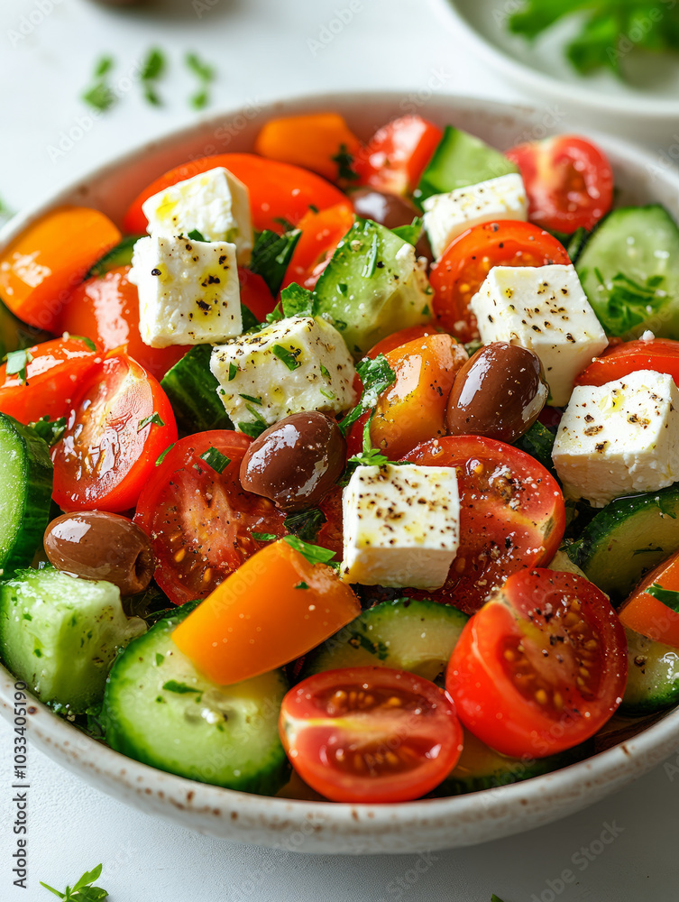 Bowl of fresh Greek salad with colorful vegetables and feta. Bowl of fresh Greek salad with colorful vegetables and feta.