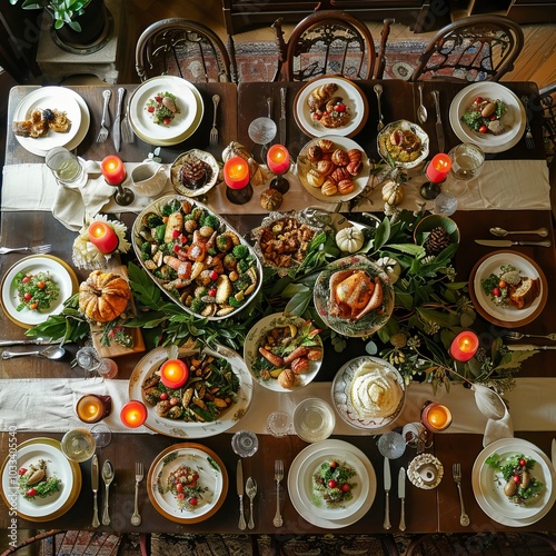 Thanksgiving dinner table, overhead shot, Thanksgiving day, Thanksgiving day celebration, Oktoberfest