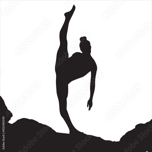 Silhouette of a female dancer performing a high kick against a stark white background.