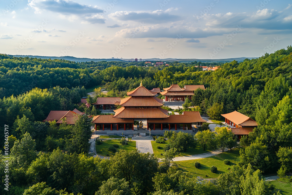 Aerial View of Buddhist Retreat Center in Serene Countryside Aerial View of Buddhist Retreat Center in Serene Countryside