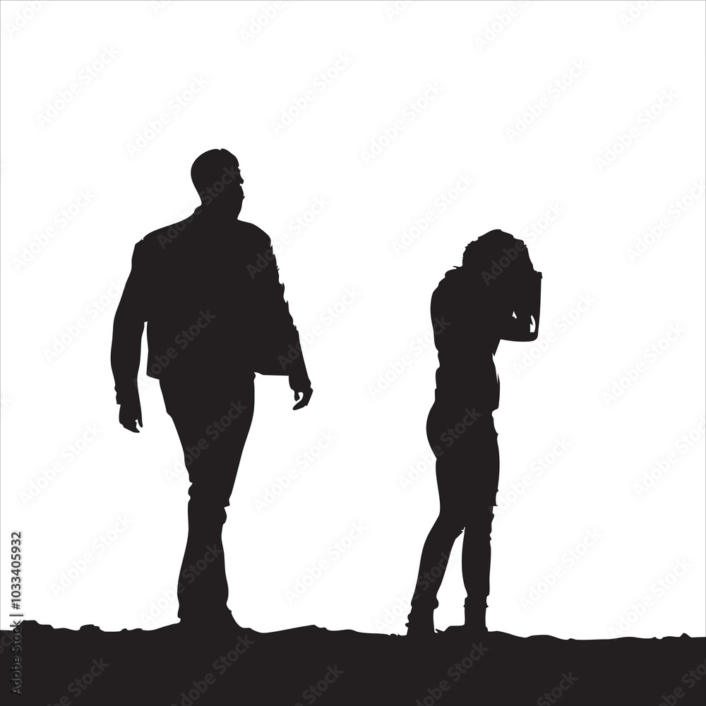 Silhouette of a man and woman in emotional contrast against a bright background. Silhouette of a man and woman in emotional contrast against a bright background.