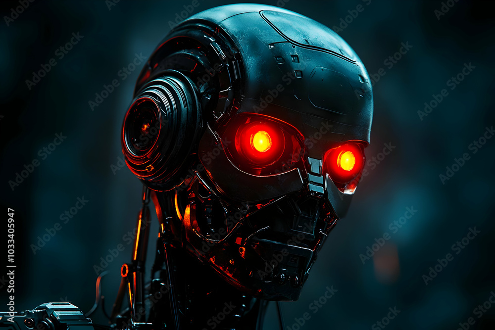 Fototapeta premium Futuristic Robot with Glowing Red Eyes in a Dark Environment