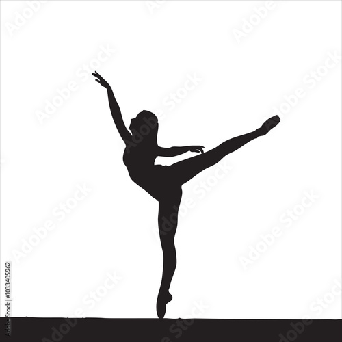 Silhouette of a female ballet dancer performing a graceful arabesque in stark contrast against a white background.