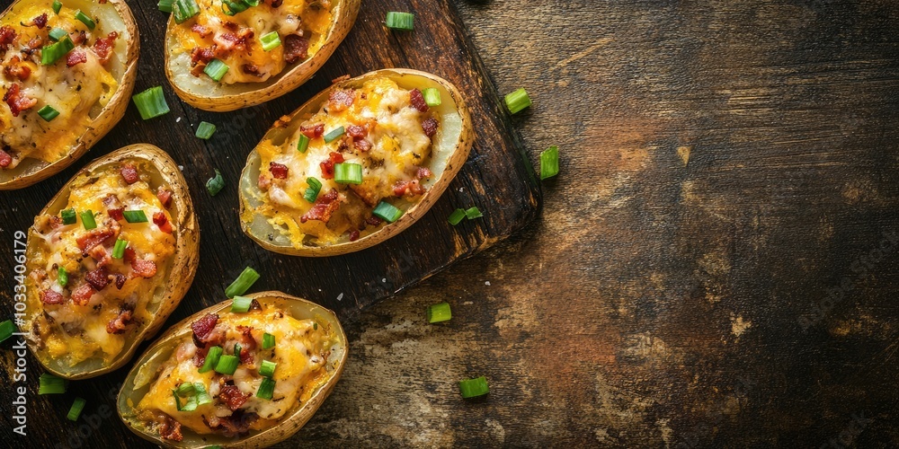 An aerial image of baked potatoes topped with cheese, green onions, and bacon, captured from above on rustic surfaces, featuring space for text. An aerial image of baked potatoes topped with cheese, green onions, and bacon, captured from above on rustic surfaces, featuring space for text.