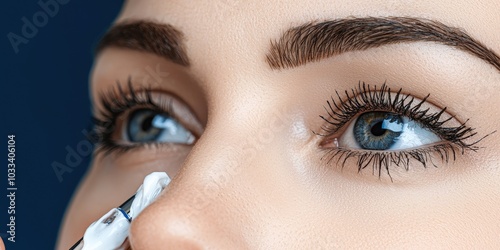 Close up of Woman Applying Facial Moisturizer Cream Eye Makeup Blue Eyes Skincare Routi