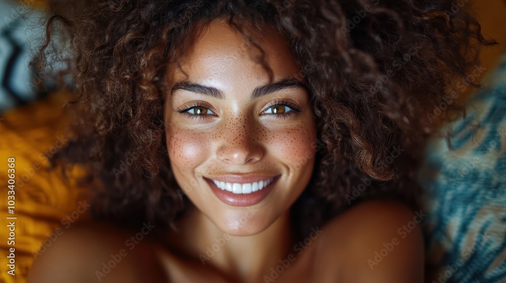 A close-up portrait of a smiling woman with curly hair and a freckled face, showcasing natural beauty and radiant skin, evoking warmth and happiness.
