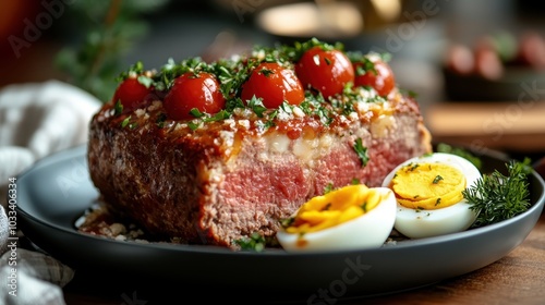 A delectable meatloaf topped with cherry tomatoes and herbs, complemented by boiled eggs, creating a visually appealing and flavorful dish.