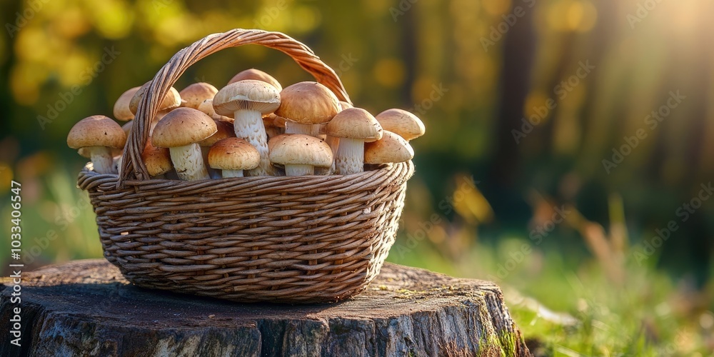 Brown mushrooms in a basket resting on a tree stump. Brown mushrooms in a basket resting on a tree stump.
