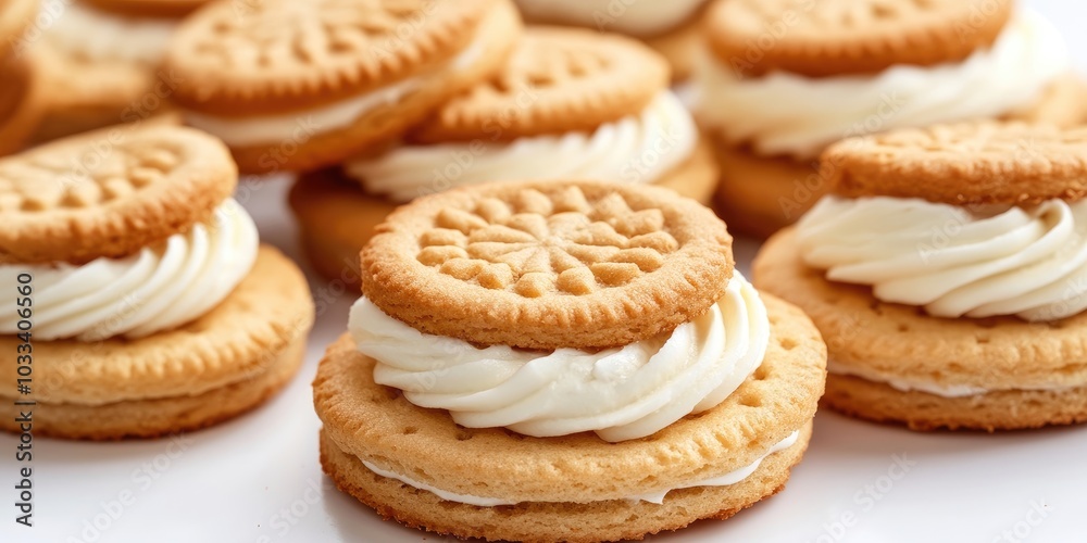 Close-up of sandwich biscuits filled with cream on a white background. Close-up of sandwich biscuits filled with cream on a white background.