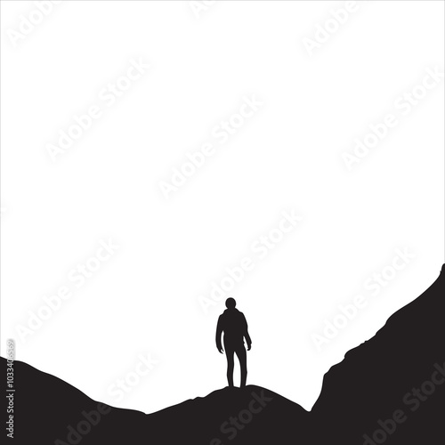 Silhouette of a person standing on a mountain peak against a bright sky, symbolizing adventure and exploration.