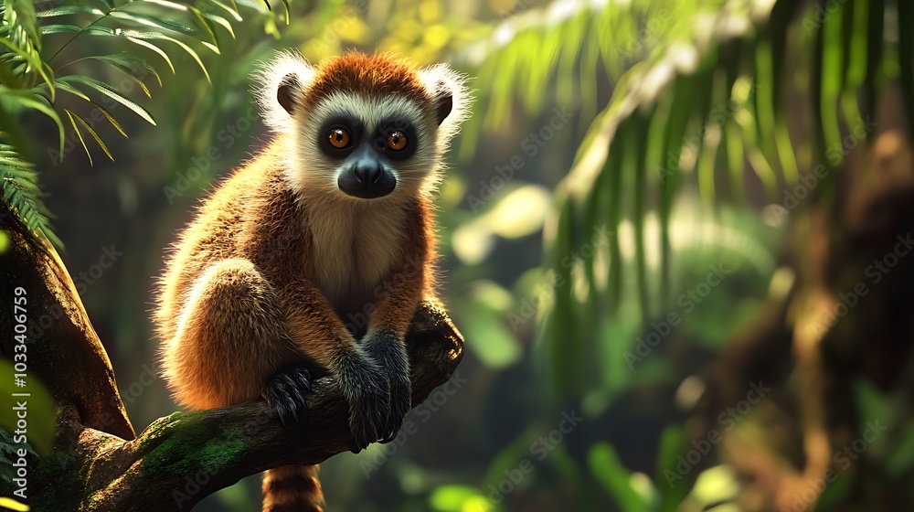 Fototapeta premium Lemur exploring amidst rich greenery in tropical jungle setting