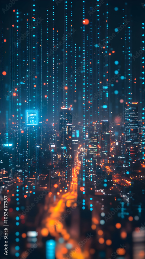Abstract Cityscape Glows with Light Trails and Data Streams at Night Abstract Cityscape Glows with Light Trails and Data Streams at Night