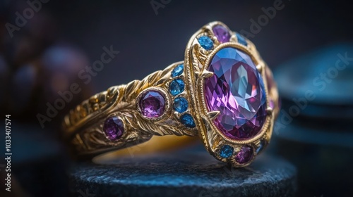 A close-up of a gold ring with a large oval-shaped purple gemstone surrounded by smaller blue and purple gems.