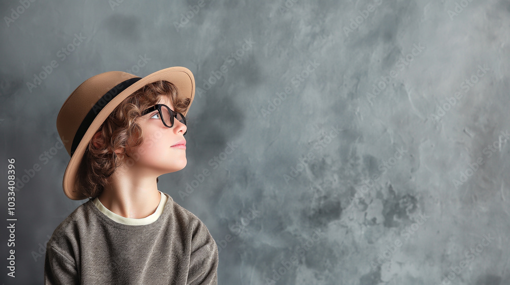 ハットを被り見上げる眼鏡をかけた少年 ハットを被り見上げる眼鏡をかけた少年