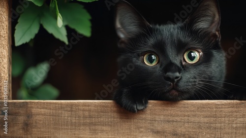 A curious black cat with vibrant green eyes peeks through wooden boards, highlighting its playful nature and the whimsical setting of this enchanting moment. photo