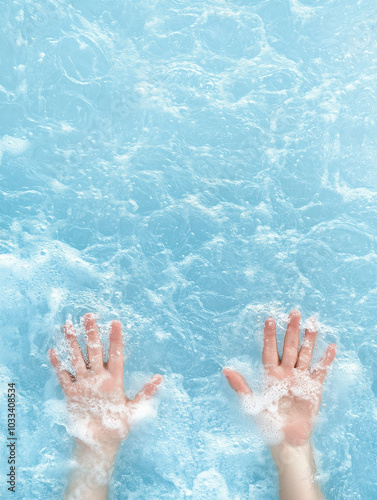 Hands in Clear Blue Water with Bubbles