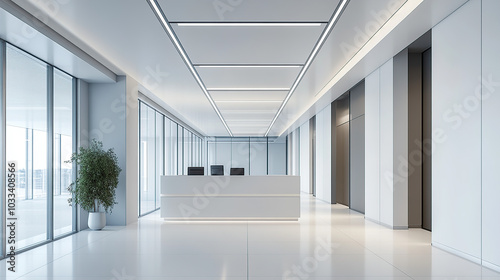 Modern office interior with a white ceiling, glass door, and a reception desk in the middle of a long corridor