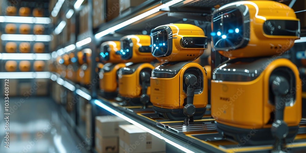 Robots in a factory setting, showcasing the power of automation in modern manufacturing processes. This image highlights the efficiency and innovation of robotic technology in industrial environments.