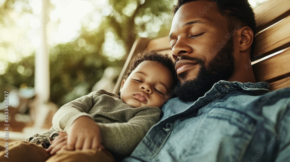 A serene image of a father holding his child, both asleep on a wooden swing, captured in soft, natural lighting, highlighting the tenderness of their relationship.