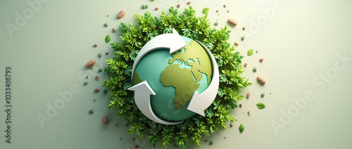 Sustainable Earth With Recycling Arrows Surrounded By Green Foliage