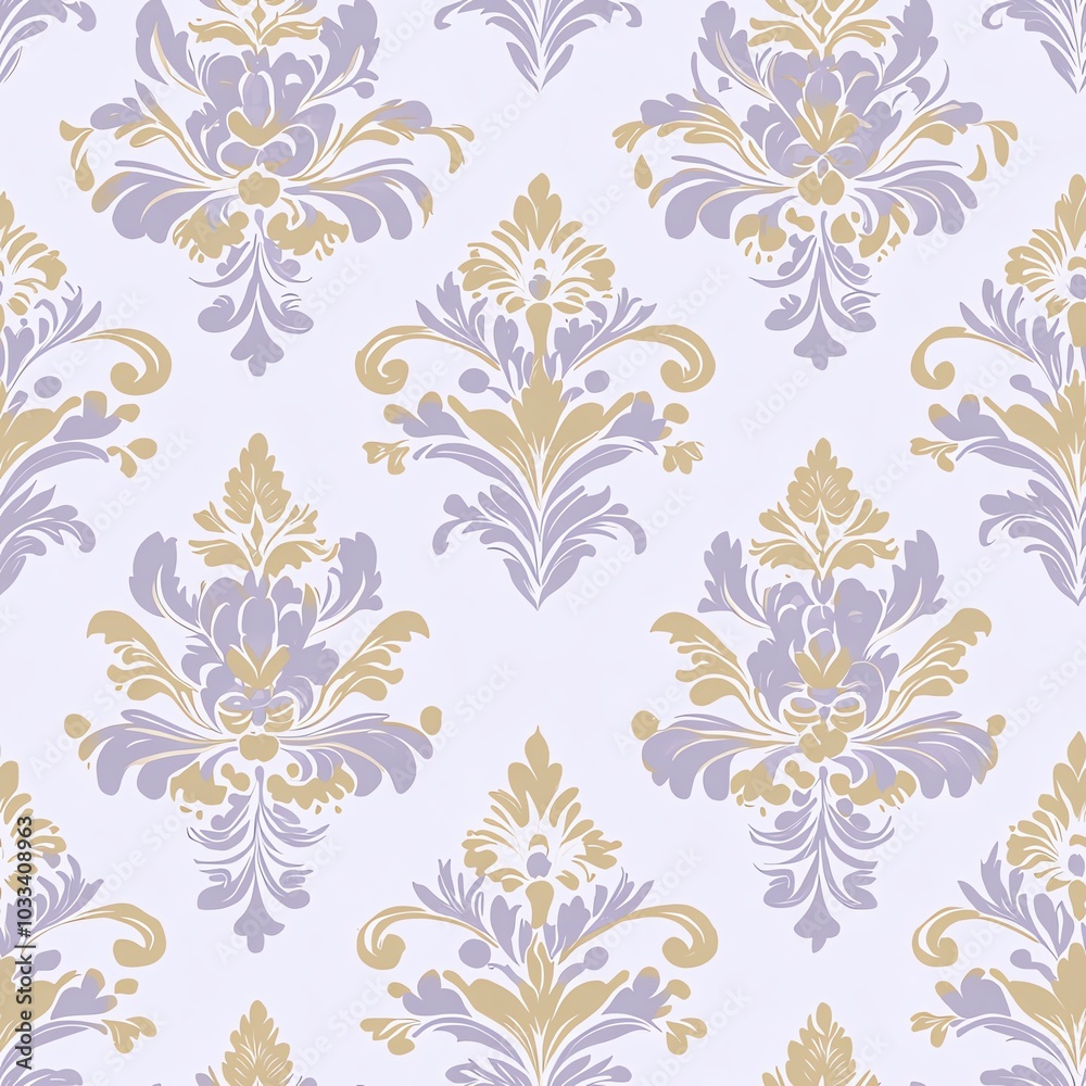 Vector damask pattern featuring classic floral arrangements and ornamental elements, set in pastel lavender and soft gold on a light background Vector damask pattern featuring classic floral arrangements and ornamental elements, set in pastel lavender and soft gold on a light background