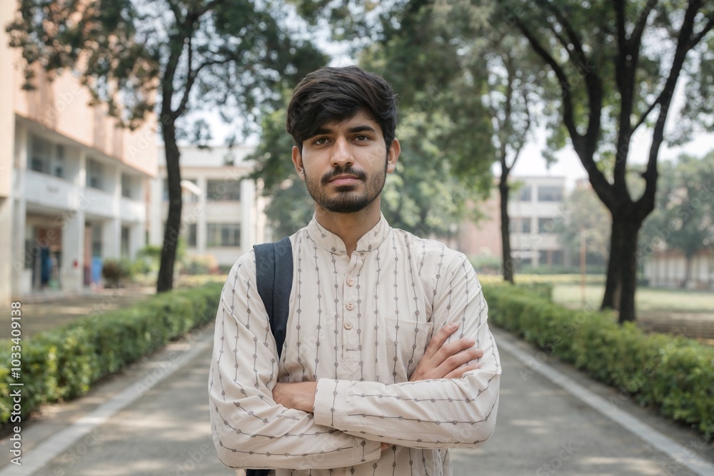 Portrait of a smiling indian student crossed hand front of university campus Portrait of a smiling indian student crossed hand front of university campus