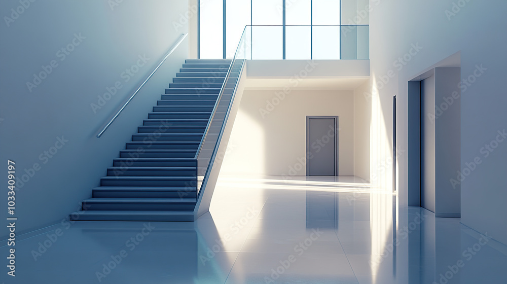 A clean, white, modern interior of an office building with a staircase, door, and window A clean, white, modern interior of an office building with a staircase, door, and window