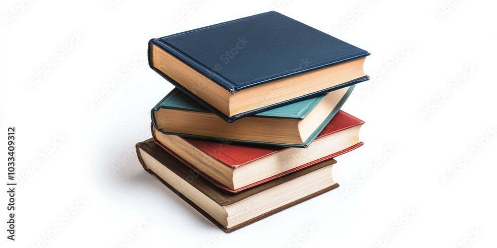 stack of books isolated on white / books viewed from above / Reading and books are crucial for personal growth, acquiring knowledge, and achieving success in our careers, business, and personal lives.