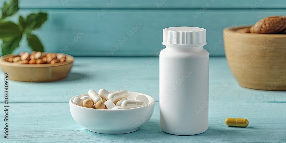 Dietary supplements. A blank white bottle and a bowl with various pills situated near food items on a light blue wooden table, close-up. Dietary supplements. A blank white bottle and a bowl with various pills situated near food items on a light blue wooden table, close-up.