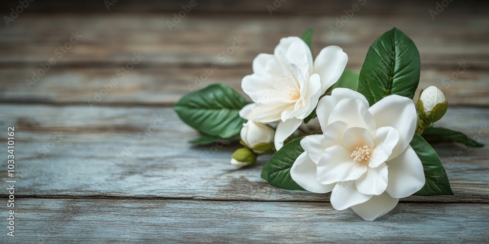 Elegant spring flower, artificial gardenia on a rustic wooden table, suitable for a wedding background image. Elegant spring flower, artificial gardenia on a rustic wooden table, suitable for a wedding background image.
