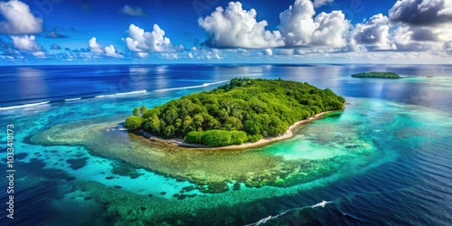 Aerial View of Lush Green Island Surrounded by Crystal Clear Blue Ocean Water, Vibrant Coral Reefs, Tropical Paradise, Scenic Coastline, Nature's Beauty, Travel Destination, Serenity, Escape