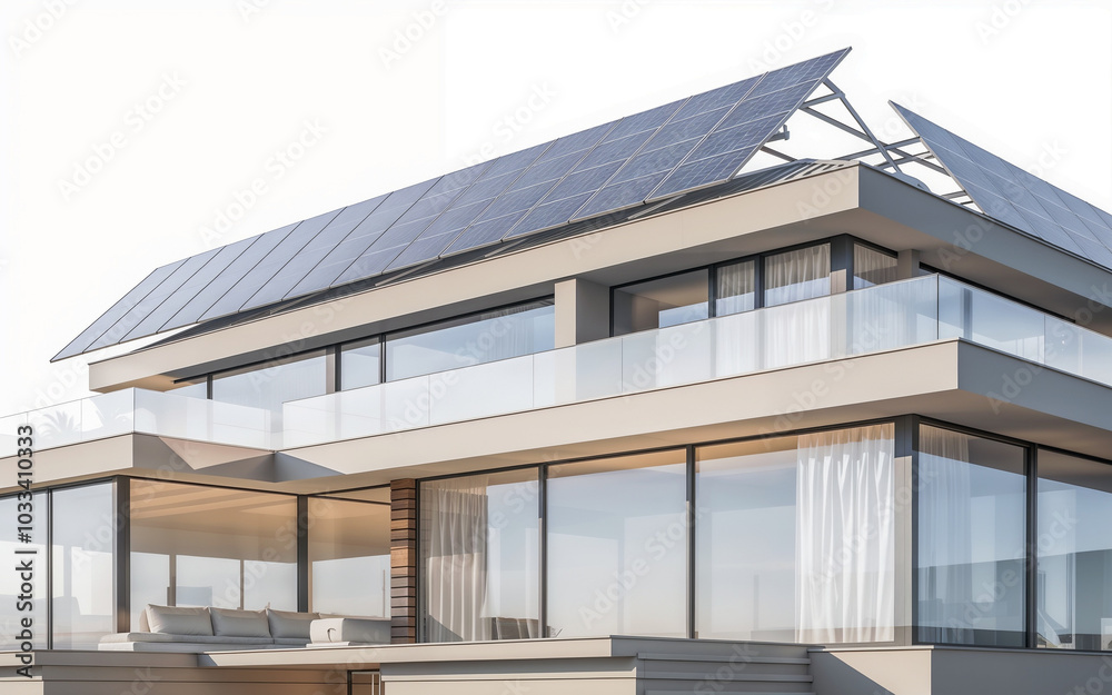 Modern minimalist house with solar panels installed on the roof, featuring clean lines, glass balconies, and a sustainable architectural design Modern minimalist house with solar panels installed on the roof, featuring clean lines, glass balconies, and a sustainable architectural design