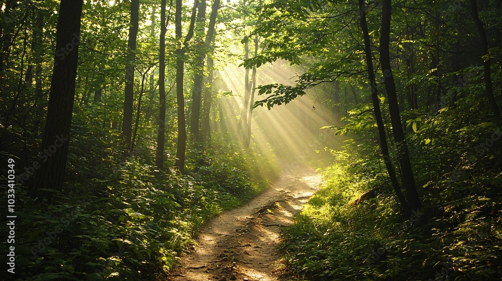 Fototapeta premium Hiker's point of view of narrow trail with sunlight filtering through trees