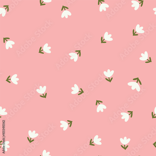 Small cute white tulips on peach background, seamless pattern.	

