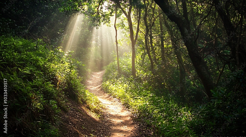 Fototapeta premium Hiker's point of view of narrow trail with sunlight filtering through trees