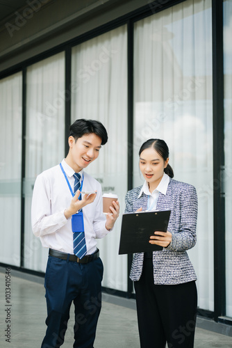  Businessman and woman going in city center in smart casual business style, talking, working together, stylish freelance people photo