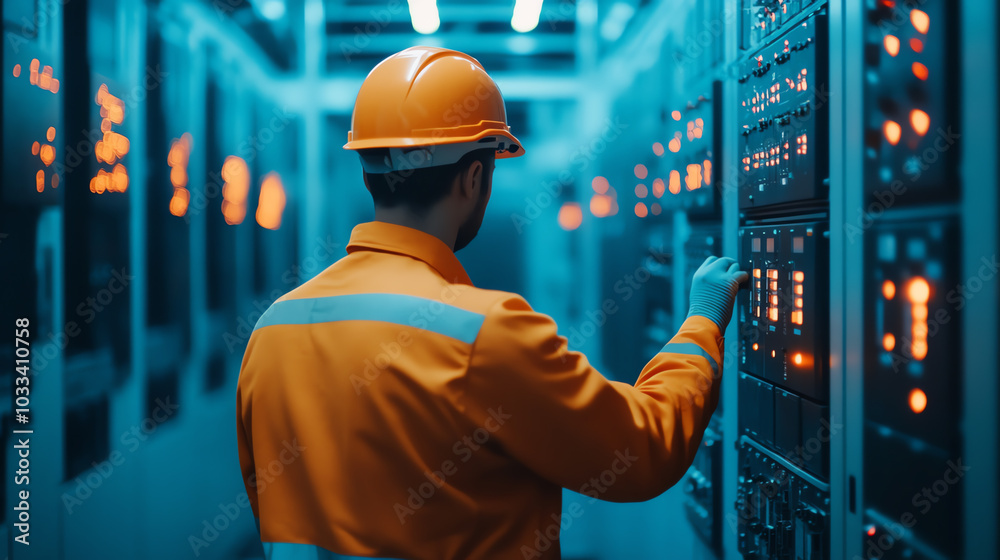 A worker in safety gear inspects control panels in a modern industrial setting, surrounded by illuminated machinery. A worker in safety gear inspects control panels in a modern industrial setting, surrounded by illuminated machinery.