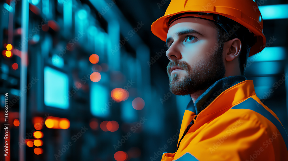 Focused male technician in safety gear working on electrical systems in a modern setting with glowing screens and machinery.