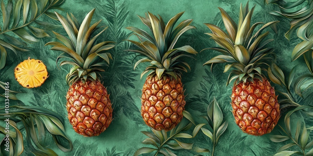 Ornamental pineapples on a green backdrop Ornamental pineapples on a green backdrop