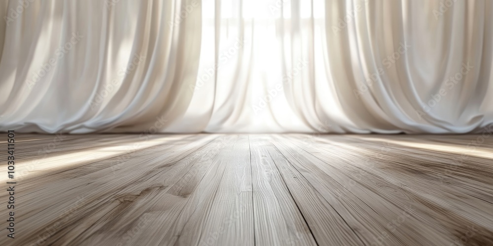 Empty wooden floor with elegant wavy white satin cloth curtains, out of focus in the background, serving as a product placement backdrop. Empty wooden floor with elegant wavy white satin cloth curtains, out of focus in the background, serving as a product placement backdrop.