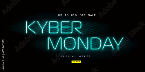 Cyber Monday. Advertising discount banner with neon sign on dark background. Cyberpunk concept with advertising signboard. Big discounts and sales. Price elimination. Vector illustration