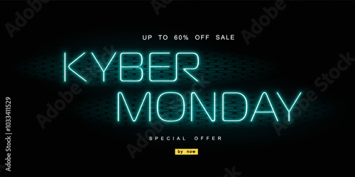 Cyber Monday. Advertising discount banner with neon sign on dark background. Cyberpunk concept with advertising signboard. Big discounts and sales. Price elimination. Vector illustration