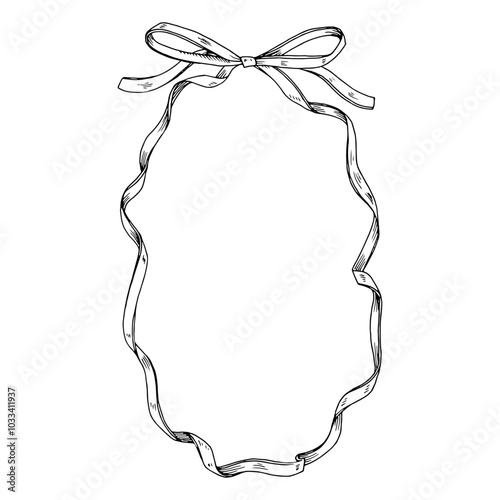A hand drawn thin ribbon and bow create a beautiful oval border for a greeting card. The detailed vector illustration, perfect for birthdays or weddings, offers a blank space for text