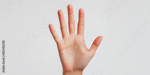 Woman's hand displaying five fingers, set against a white background.